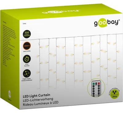 Imagen del producto de Cortina de luces LED goobay, modelo 300, con mando a distancia, temporizador, regulador de intensidad y transformador exterior de 31 V, luz blanca cálida de 3000 K (caja plegable individual)
