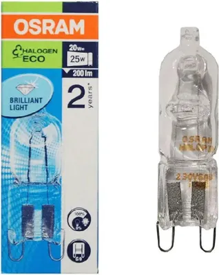A product shot of an OSRAM Halogen Eco light bulb and its packaging.