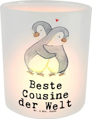 Produktbild von Mr. & Mrs. Panda Glas Teelichthalter Pinguin Beste Cousine der Welt - Transparent - Geschenk, Geschenkidee, Cousin, Windlicht, Verwandtschaft, Kerzenhalter, Familie, Deko