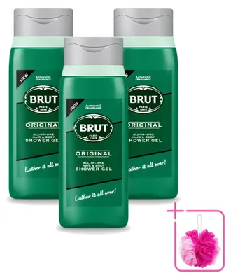 Zdjęcie produktu dla 3 opakowania żelu pod prysznic Brut All in One do włosów i ciała, wersja Original, pojemność 500 ml - zestaw ekonomiczny, 3 sztuki