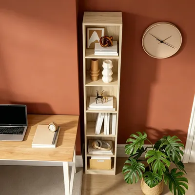 Produktbild von Bücherregal, 6-Tier Bücherregal, 28 × 30 × 181 cm, Eichenbeige | Würfelregal, Schmales Regal, Standregal, Aufbewahrungsregal, für Büro, Wohnzimmer
