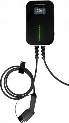 A black EV charging station mounted on a white background, with a coiled charging cable and plug in the foreground.