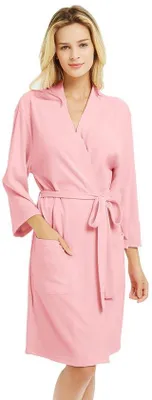 Productafbeelding van Ibenzoa® Korte badjas voor dames, gemaakt van 100% katoen – superzacht, kimono-stijl, met 2 zakken en een binnenzak en een koord om de jas dicht te binden, lichtgewicht, voor comfort en ontspanning