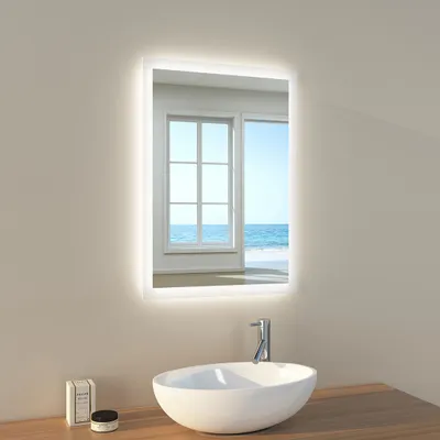Produktbild von EMKE Badezimmerspiegel mit Beleuchtung Spiegel 70x50cm Wandspiegel 2 Lichtfarbe Kaltweiß und Warmweiß Lichtspiegel mit Tastenschalter und Beschlagfrei Funktion