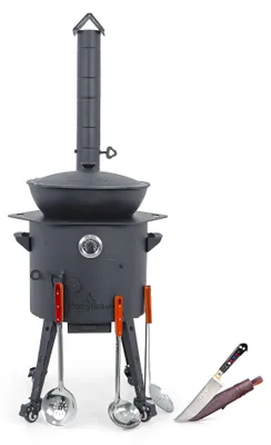 Produktbild von Utschak Feuerofen Ø 40 cm + Gusseisen-Kasan 12 L, runder Boden + Küchenzubehör, Usbekischer Kochtopf aus Gusseisen
