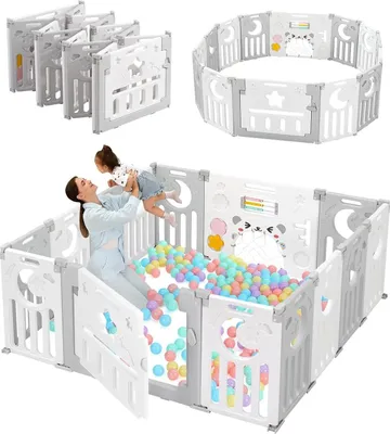 Produktbild von Dripex Laufgitter Laufstall Baby Absperrgitter 14-Paneele Schutzgitter Krabbelgitter für Kinder aus Kunststoff mit Tür und Spielzeugboard-Grau-Weiß