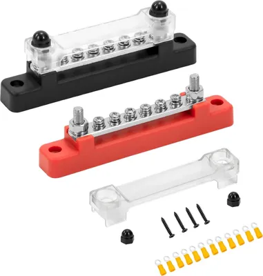 Three busbars of different colors (black, red, and clear) are arranged diagonally on a white background, along with some screws and yellow connectors.