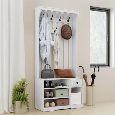 Produktbild von Garderobenständer mit Schuhbank, Kleiderschrank, Flurgarderobe mit 7 Haken und Stoffschublade, 80 x 35 x 180 cm, Weiß