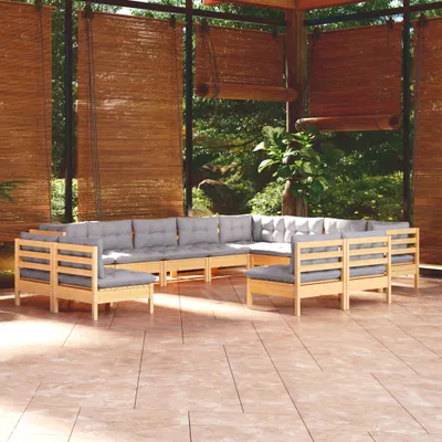 Produktbild von Möbel 12-tlg. Garten-Lounge-Set mit Grauen Kissen Massivholz Kiefer - Balkonmöbel 3096874