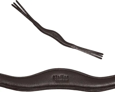 A dark brown leather horse bridle part shown on a white background.