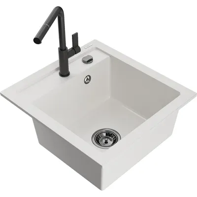 Obrázok produktu pre Mexen Vito granitový jednokomorový drez s kuchynskou batériou Flora, Biela - 6503-20-670401-70-B