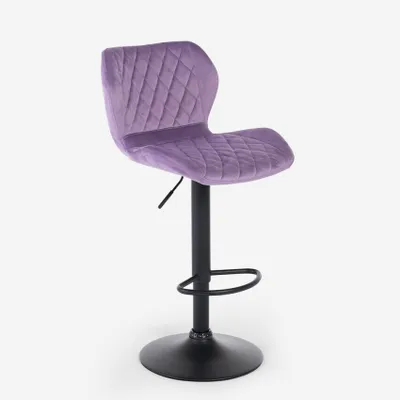 A purple velvet bar stool with a black base and adjustable height.