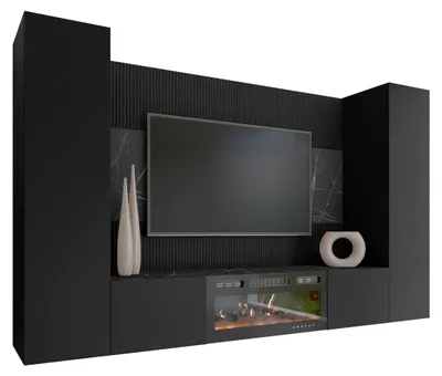 Produktbild von MIRJAN24 Wohnwand Deromi V, Wohnzimmer Möbel Set, mit Kamin, Griffloses Öffnungssystem push to open, 4er-Set (Farbe: Schwarz / Schwarz + Schwarz Marmor)