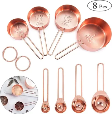 Produktbild von Edelstahl Messbecher und Löffel mit Messlineal Bestcool Scoop , Küchenumrechnungstabelle 8er Set für Trockene und Flüssige Zutaten