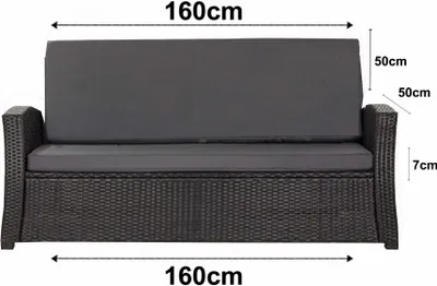 A front view of a dark gray outdoor bench cushion with dimensions indicated by text overlays.