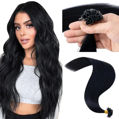 Immagine prodotto di Estensioni per capelli in cheratina, lunghezza 50 cm, colore nero, tipo U-Tip, capelli Remy, confezione da 50 ciocche, peso 50 grammi