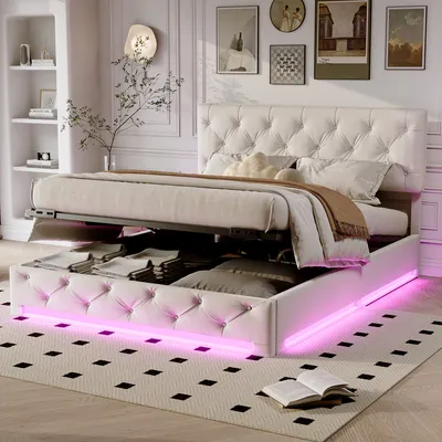 Obrázok produktu pre UnboxG Čalúnená posteľ s LED diódou, hydraulická skriňová pružinová posteľ 140x200 cm s lamelovým roštom a úložným priestorom, výškovo nastaviteľné čelo, manželská posteľ Drevená posteľ pre mladých zamatová, béžová