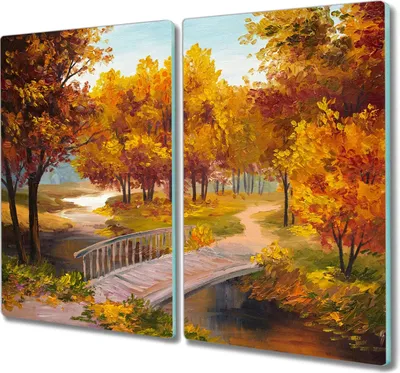 Produktbild von Coloray Herdabdeckplatte 2x30x52 cm Schneidebrett Kochplattenabdeckung Küchenbrett Hackbrett - Park Baum Blätter im Herbst