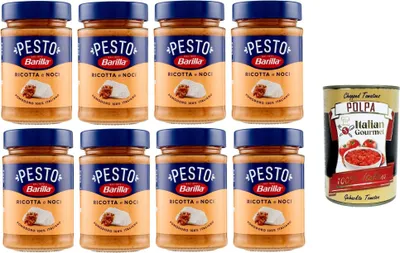 Produktbild von Barilla Pesto Ricotta e Noci Condimento e Sugo per Pasta Pesto Ricotta und Walnüsse Gewürz- und Nudelsauce 8x190 gr+ Italian Gourmet polpa 400g
