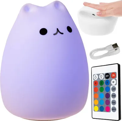 Obrázok produktu pre Nočné LED svetlo Mačiatko – 16 farieb, 9 jasov, silikónové, USB dobíjateľné, diaľkové
