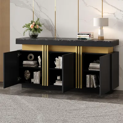 Image de MODFU Buffet - 3 Portes - 6 Niches avec Étagères - Pour Salon - 140x38x70 cm - Noir