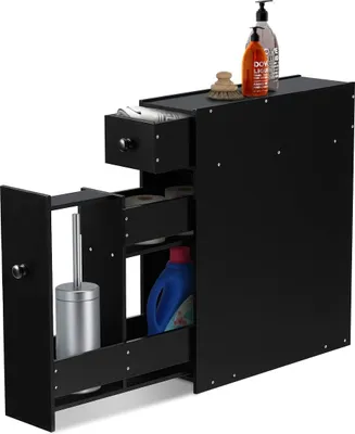 A black bathroom cabinet with drawers and shelves, containing cleaning supplies and a toilet brush.