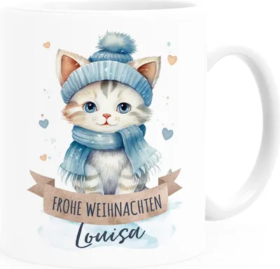 Produktbild von Kindertasse Weihnachten Tier-Motive personalisiert mit Namen Namenstasse Geschenk für Jungen und Mädchen SpecialMe® Katze 3 weiß standard