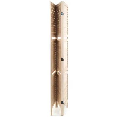 A folded wooden room divider is shown against a white background.