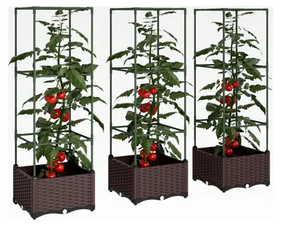 Produktbild von Hochbeet mit Rankgitter, 3er Set Pflanzkästen mit Abflusslöchern für Garten und Balkon, 40 x 40 x 125 cm