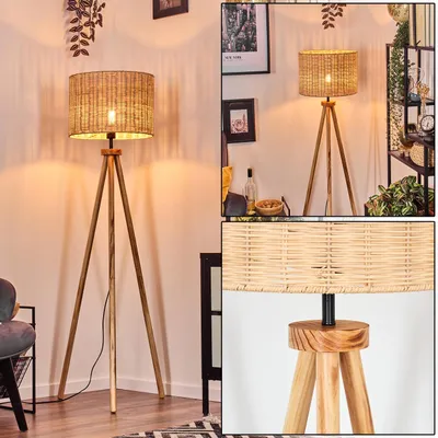 Produktbild von Dello Stehlampe mit Holzfuß und Schirm aus Rattan