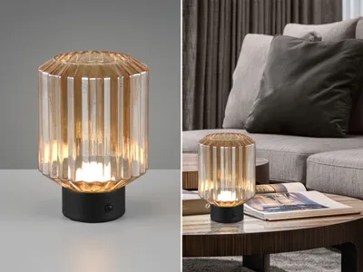 Produktbild von LED-Tischlampe - H 19 cm - Amberfarben - Schwarz - Glas - Metall - dimmbar
