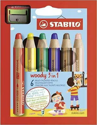 Image de Crayon de couleur en bois woody 3 en 1 Etui en carton avec 6 crayons et 1 taille-crayon Paquet de 5 pièces