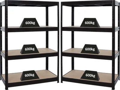 Produktbild von Mega Deal | 2x Schwerlastregal DINO | HxBxT 180x120x60cm | 4 MDF-Platten-Ebenen 6,5 mm | Fachlast 600kg | Schwarz