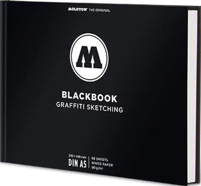 A black sketchbook with the Molotow logo and product details.
