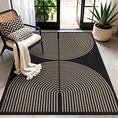 Image de Tapis d'extérieur 120x180 cm, aspect jute, lavable, antidérapant, noir