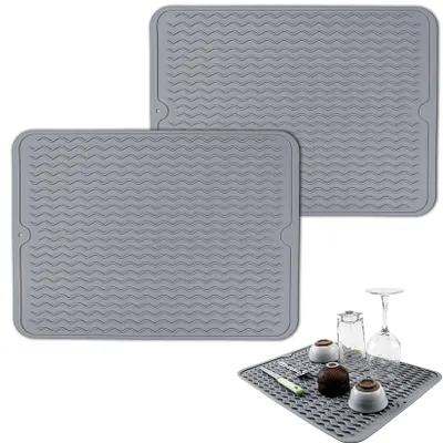Produktbild von Set mit 2 Silikon-Abtropfmatten, Spülbecken-Abtropfmatte, 40 x 30 cm, hitzebeständige Geschirrspülmatte, rutschfeste Matte für das Spülbecken, Trockenmatte, Abtropfmatte, Besteckmatte (grau)