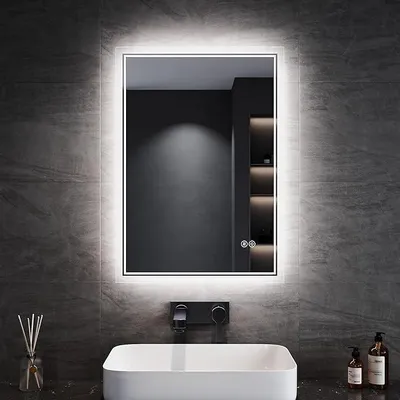 Productafbeelding van Spiegel voor de badkamer met verlichting, 50x70 cm, 3 instelbare lichtkleuren, anti-condens LED spiegel met touchbediening, koelwit. Badkamerspiegel met verlichting, wandspiegel, IP44, wandschakelaar