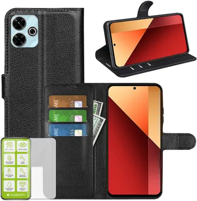 Obrázek produktu pro Pro Xiaomi Redmi 13 4G / Poco M6 4G mobilní telefon pouzdro černé pouzdro umělá kůže pouzdro + H9 tvrdé sklo