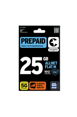 Produktbild von congstar Prepaid Allnet M: 25 GB Datenvolumen & Flatrate für Telefonie und SMS, 5G-Speed, EU-Roaming