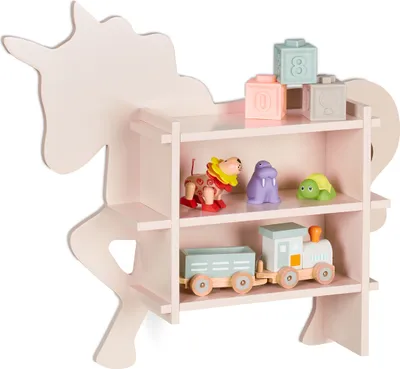 Produktbild von Relaxdays Kinderregal Einhorn, 2 offene Fächer, Bücherregal Kinder, Wand, HxBxT: 54,5x66x13 cm, Kinderzimmer Regal, rosa