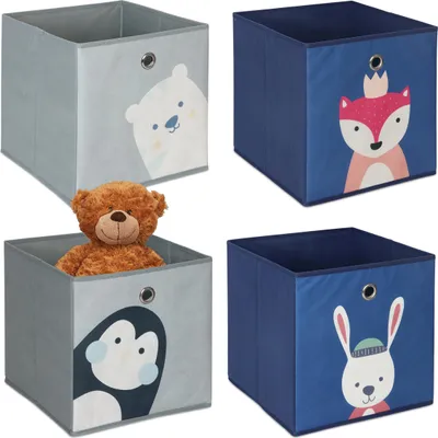 Immagine prodotto di Set da 4 Relaxdays, contenitori per bambini, graziosi motivi con animaletti, contenitori pieghevoli per scaffali a cubi, dimensioni: 30x30x30 cm, tessuto, colorati