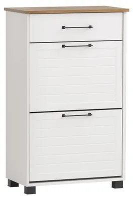 Schoenenkast Landhausstil, weiß/Eiche, 62x34,1x102 cm, 2 Klappen, 1 Schublade