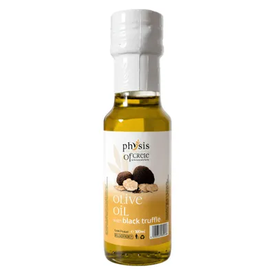 Physis of Crete Trüffel-Olivenöl Extra Native 100 ml Flasche auf weißem Grund
