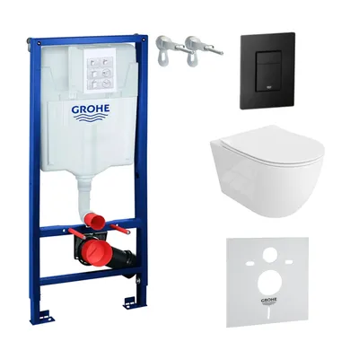 Produktbild von GROHE Vorwandelement Solido + Wand Hänge WC Sinto Grande Weiß Spülrandlos + WC-Sitz SoftClose | Schwarzer Knopf | Komplettset | Unterputz Spülkasten | Toilette Komplett Sett