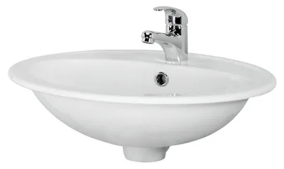 Zdjęcie produktu dla Ceramiczna umywalka wpuszczana Calla 54 cm owalna, biały połysk, z przelewem i otworem na baterię, zawiera szablon montażowy