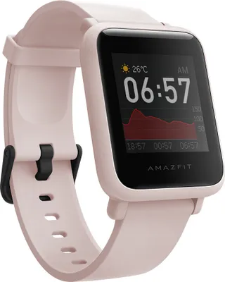 A pink Amazfit Bip S Lite smartwatch is shown against a white background.