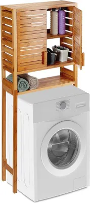 Image de Armoire de rangement en bambou avec portes à lamelles - Meuble haut pour lave-linge et rénovation de salle de bain, 164 x 66 x 26 cm