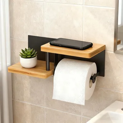 Productafbeelding van Wandbevestigde Toiletpapierhouder met Houten Plank