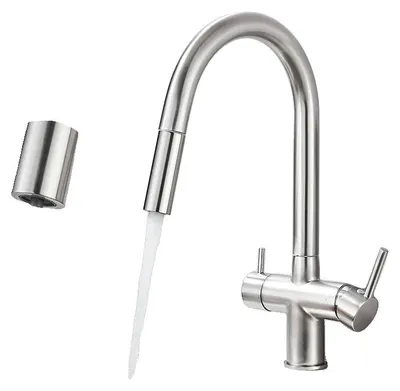 Produktbild von Küchenarmatur, Ausziehbare Sprühdüse, Doppelgriff, Bürstetes Nickel