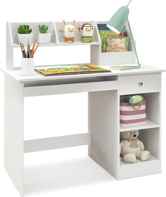 Produktbild von Kinderschreibtisch aus Holz, Jugendschreibtisch mit Bücherregal & Schublade & 2 Ablage & Tastaturablage, Schülerschreibtisch, Kinder Schreibtisch für Kinder, 90 x 45 x 90 cm weiß